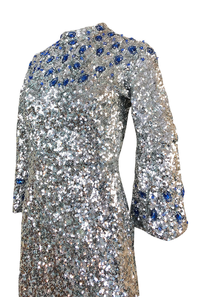 c.1967 Gene Shelly Blue Crystal & Silver Sequin Stretch Knit Dress
