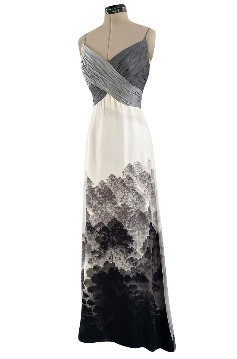 Spring 2000 Hanae Mori Haute Couture Forest & Butterfly Print Silk Chiffon Dress & Silk Huge Scarf