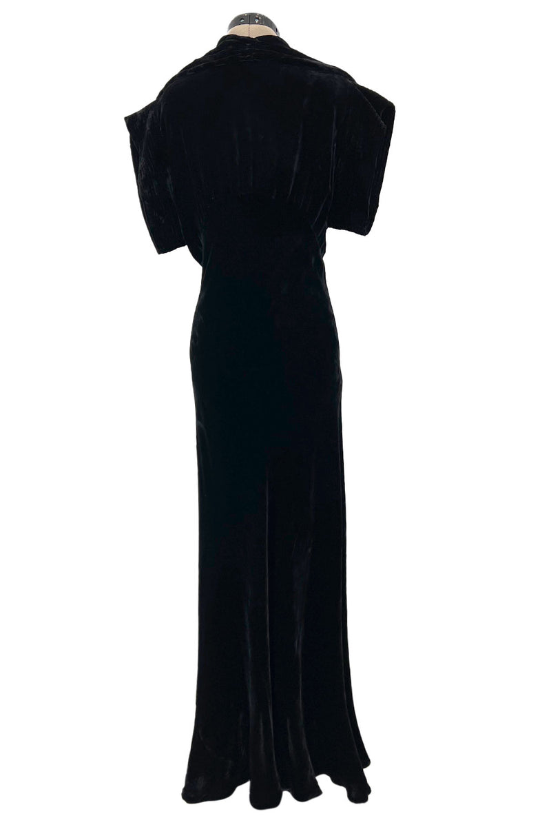 Stunning 1930s Black Silk Velvet Bias Cut Dress w Top Stitched Sleeves & Silver Glitter Buttons