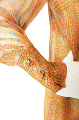 1970s Treacy Lowe Peach Print Silk Chiffon Caftan Dress