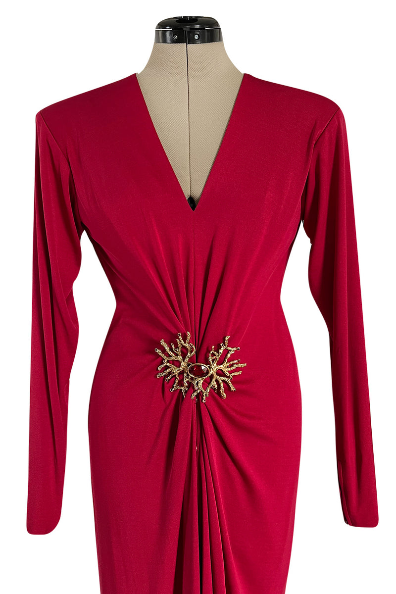 Iconic Fall 1985 Yves Saint Laurent Ad Campaign Red Plunge Dress w Jewel Clasp