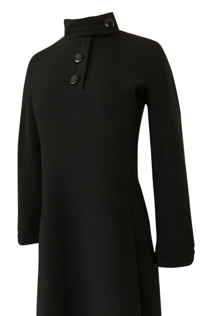 1960s Pierre Cardin Chic Sculpted Black Wool Button Detail Dress