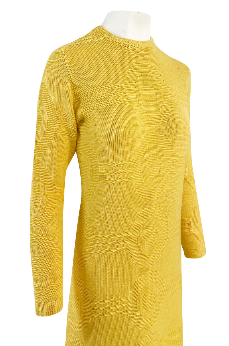 1960s Pierre Cardin Yellow Knit Mod Dress w Raised Circular Ribbed Pattern