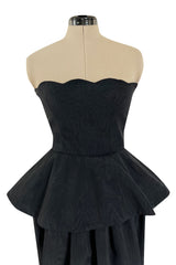 1980s Lanvin by Jules-Francois Crahay Strapless Black Dress w Hip Peplum