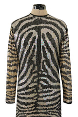 Iconic Late 1970s Halston Rare Iridescent Gold & Black Sequin Tiger Print Dress