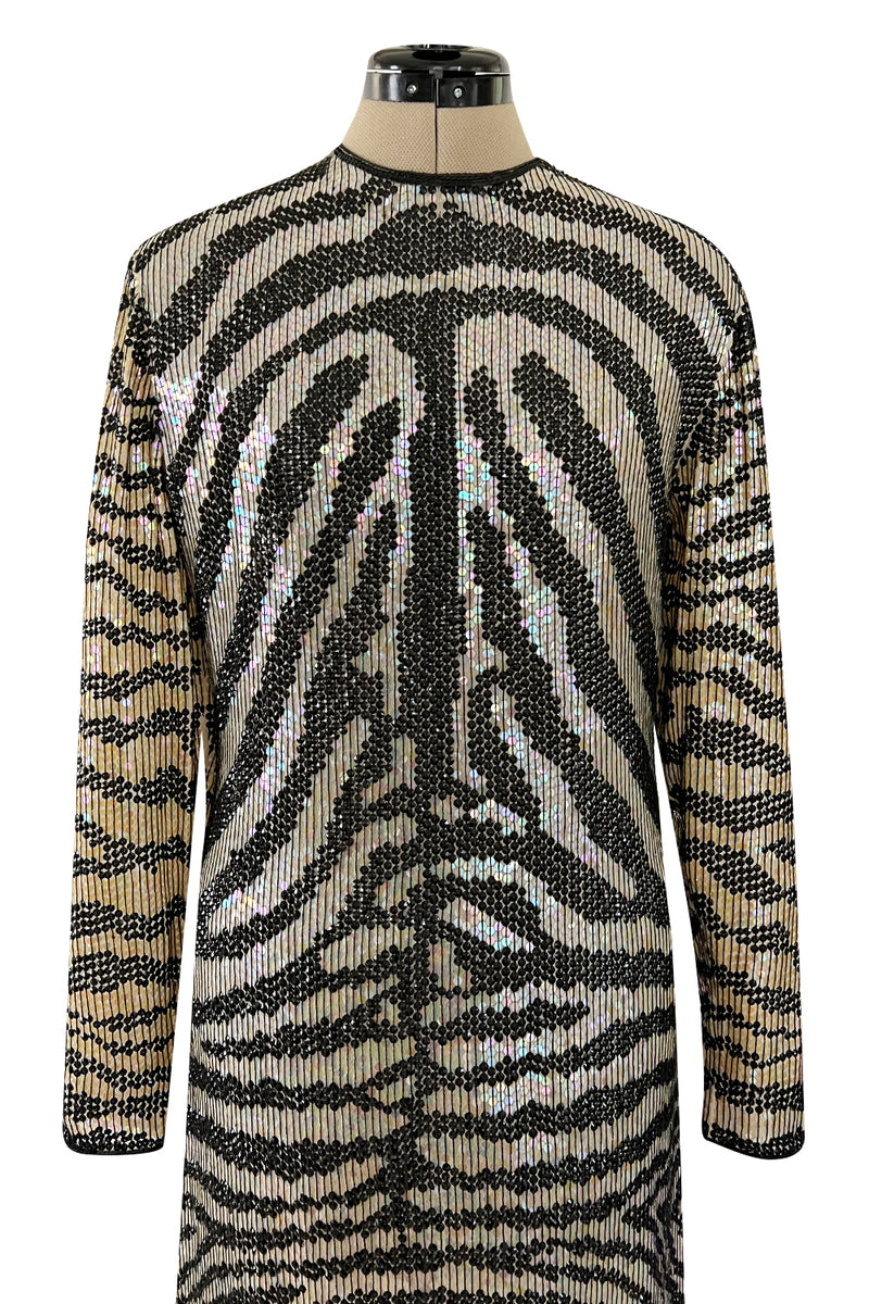 Iconic Late 1970s Halston Rare Iridescent Gold & Black Sequin Tiger Print Dress