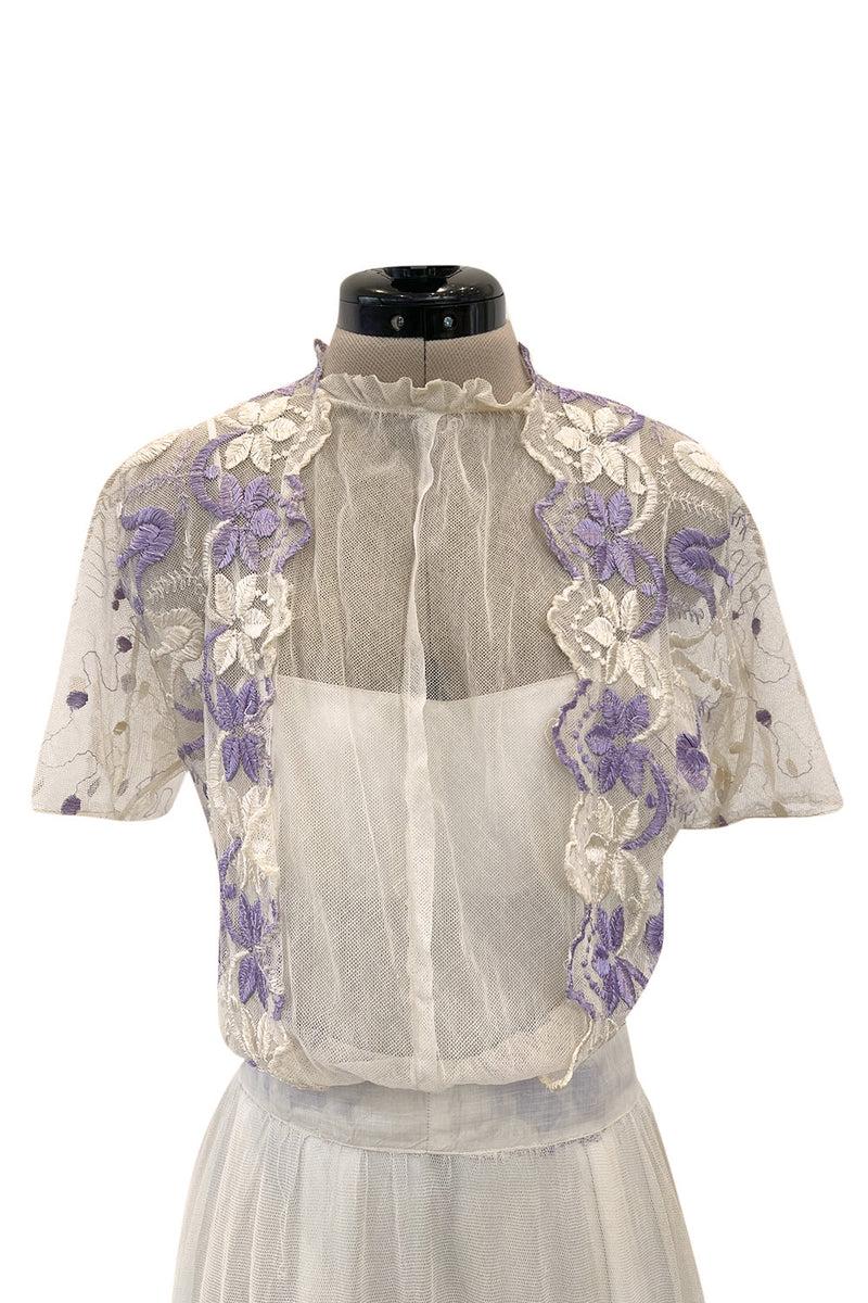 Ethereal 1930s Ivory Silk Tulle Net Dress w Pale Lavender & Cream Flor Shrimpton Couture Ethereal 1930s Ivory Silk Tulle Net Dress w Pale Lavender & Cream Flor Shrimpton Couture