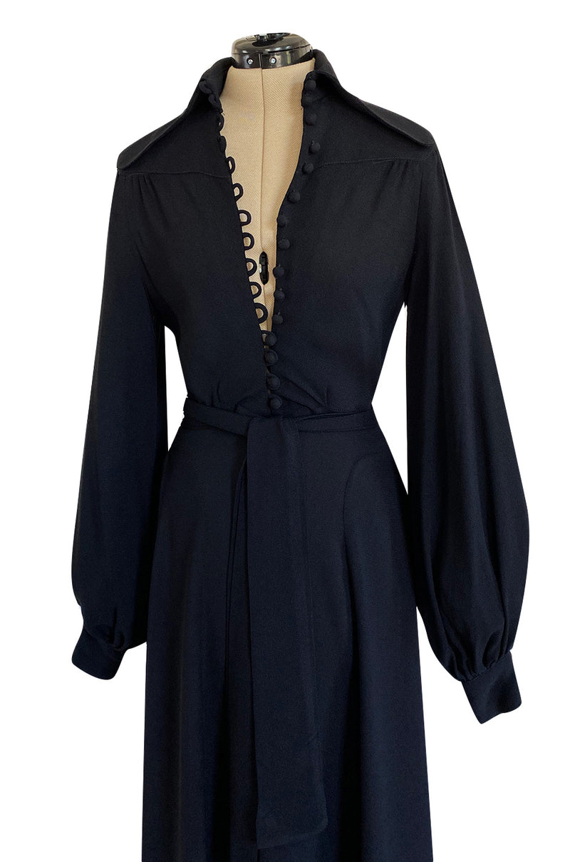 c.1969 Ossie Clark Black Moss Crepe Dress w Bishop Sleeves, Button Front & Dog Ear Collar
