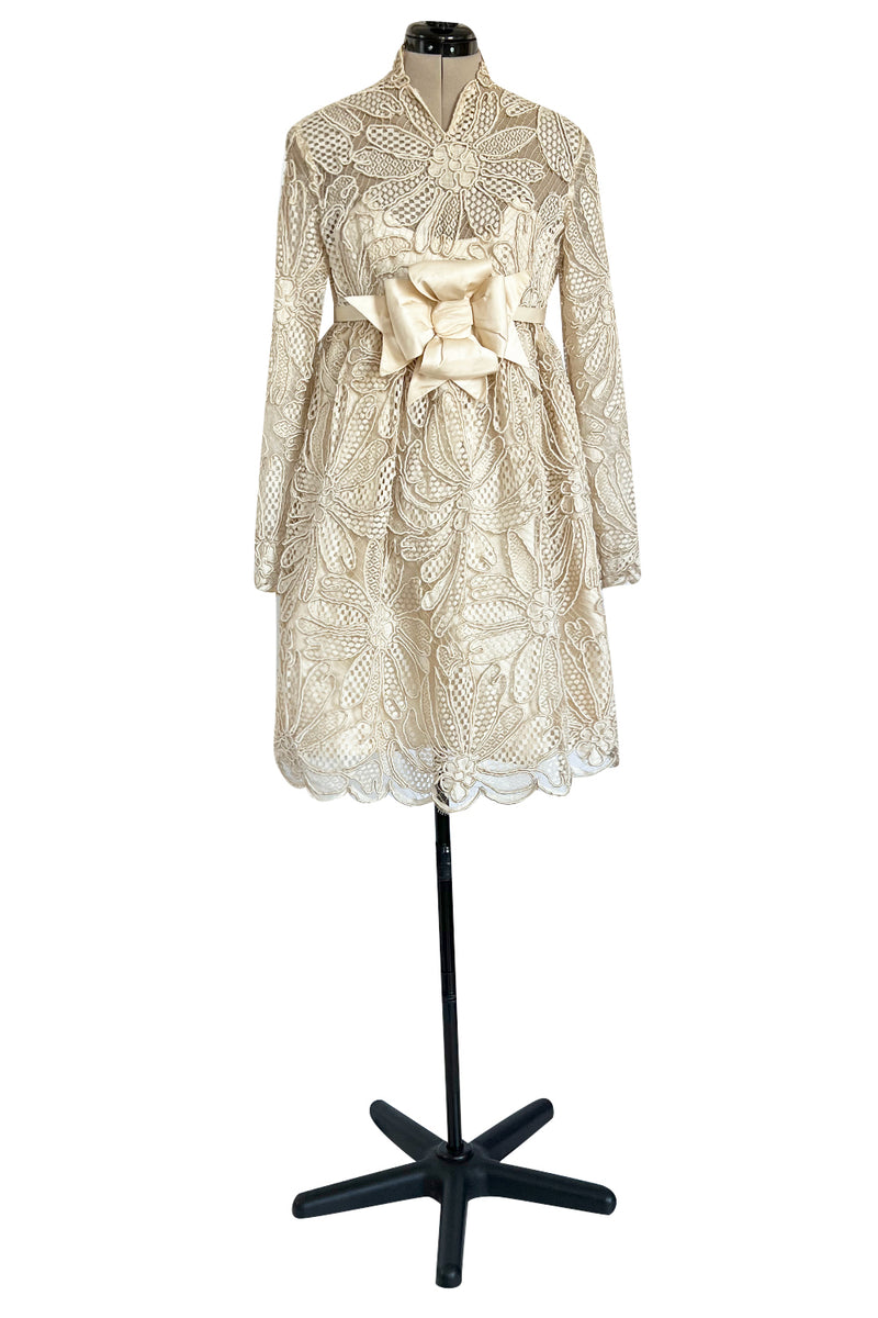 Extraordinary 1960s Donald Brooks Couture Ivory Net Lace & Silk Cord Babydoll Dress