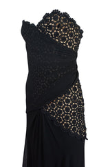 1970s Bill Blass Strapless Silk Chiffon & Floral Lace Dress