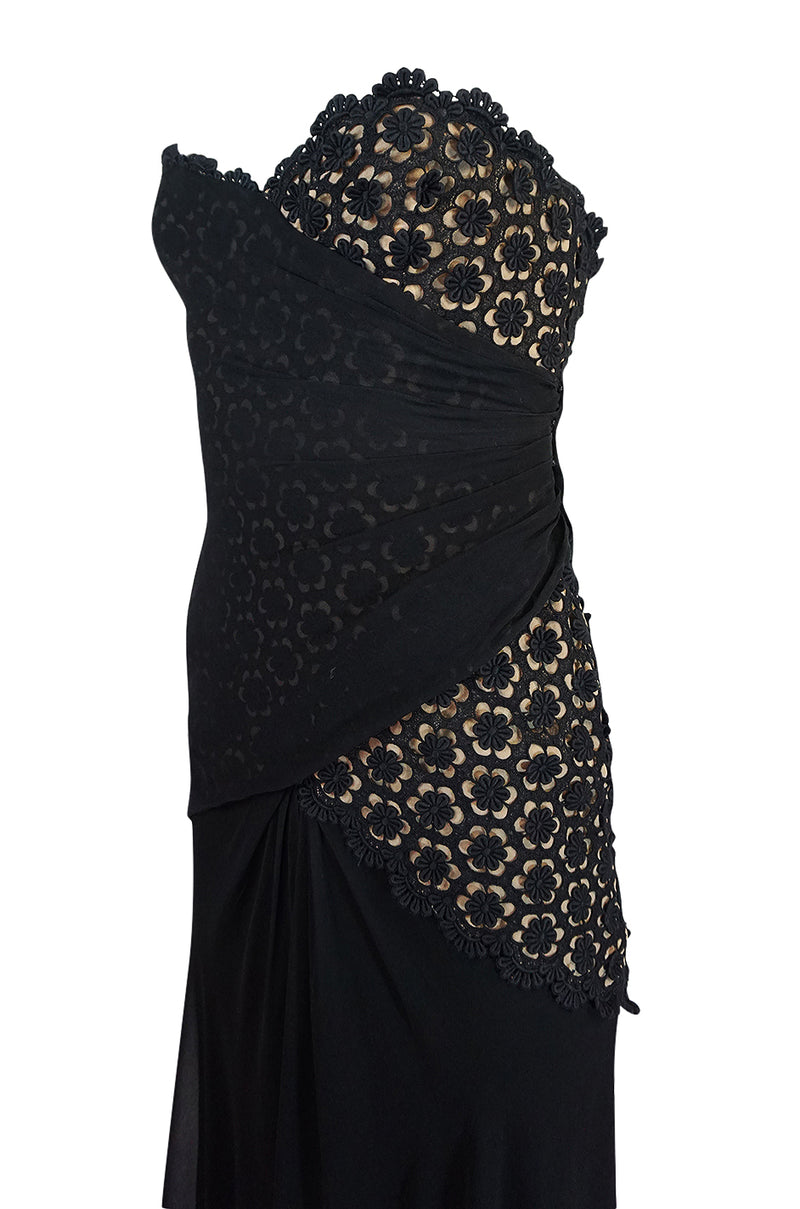1970s Bill Blass Strapless Silk Chiffon & Floral Lace Dress