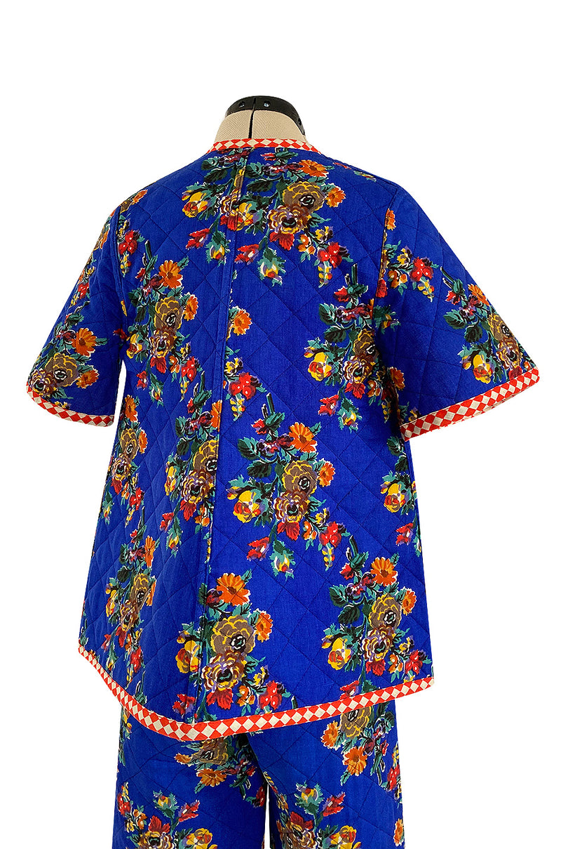 Rare 1971 Marion Foale and Sally Tuffin Blue Floral & Red Checked Pant Jacket & Hat Set