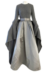 1980s Oscar de la Renta Soft Grey Cashmere & Striped Silk Skirt Dress w Matching Shawl
