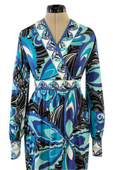 1960s Emilio Pucci Ocean Blue Printed Silk Jersey Dress w Bold Floral Print