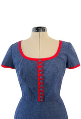 Cutest 1970s Oscar De La Renta Denim Look Cotton Playsuit w Red Braid Trim