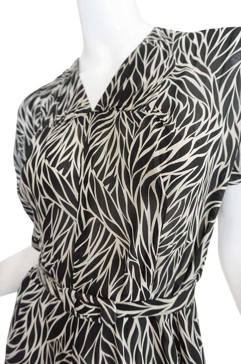 1940s Black & White Graphic Print Silk Chiffon Dress