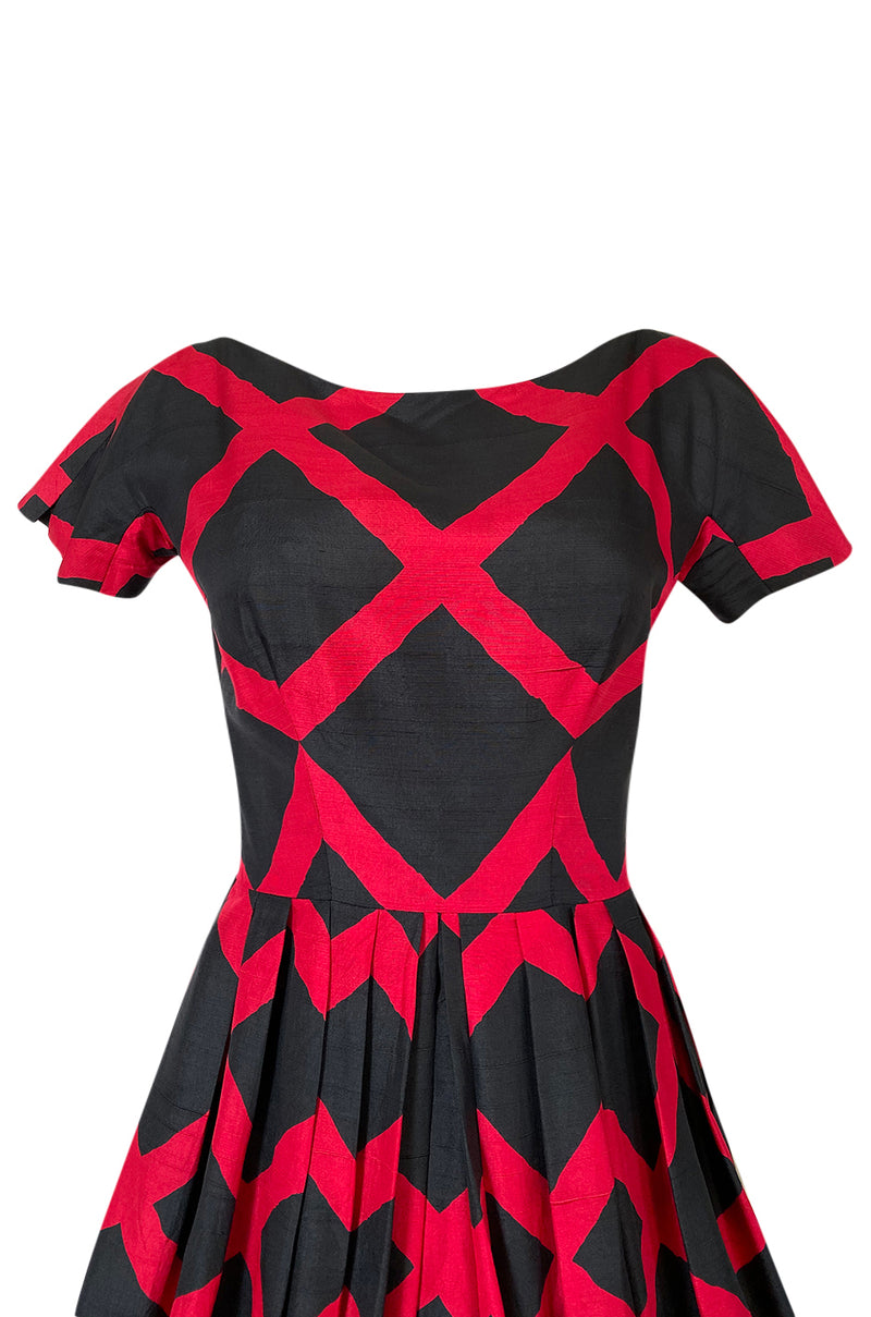1950s Suzy Perette Black & Red Diamond Pattern Full Skirt Dress