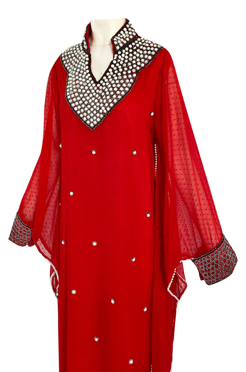 Striking 1970s Red Dotted Chiffon White Beaded Caftan Dress w Kimono Sleeves