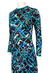 Gorgeous 1960s Emilio Pucci Blue Lattice Print Silk Jersey Maxi Dress