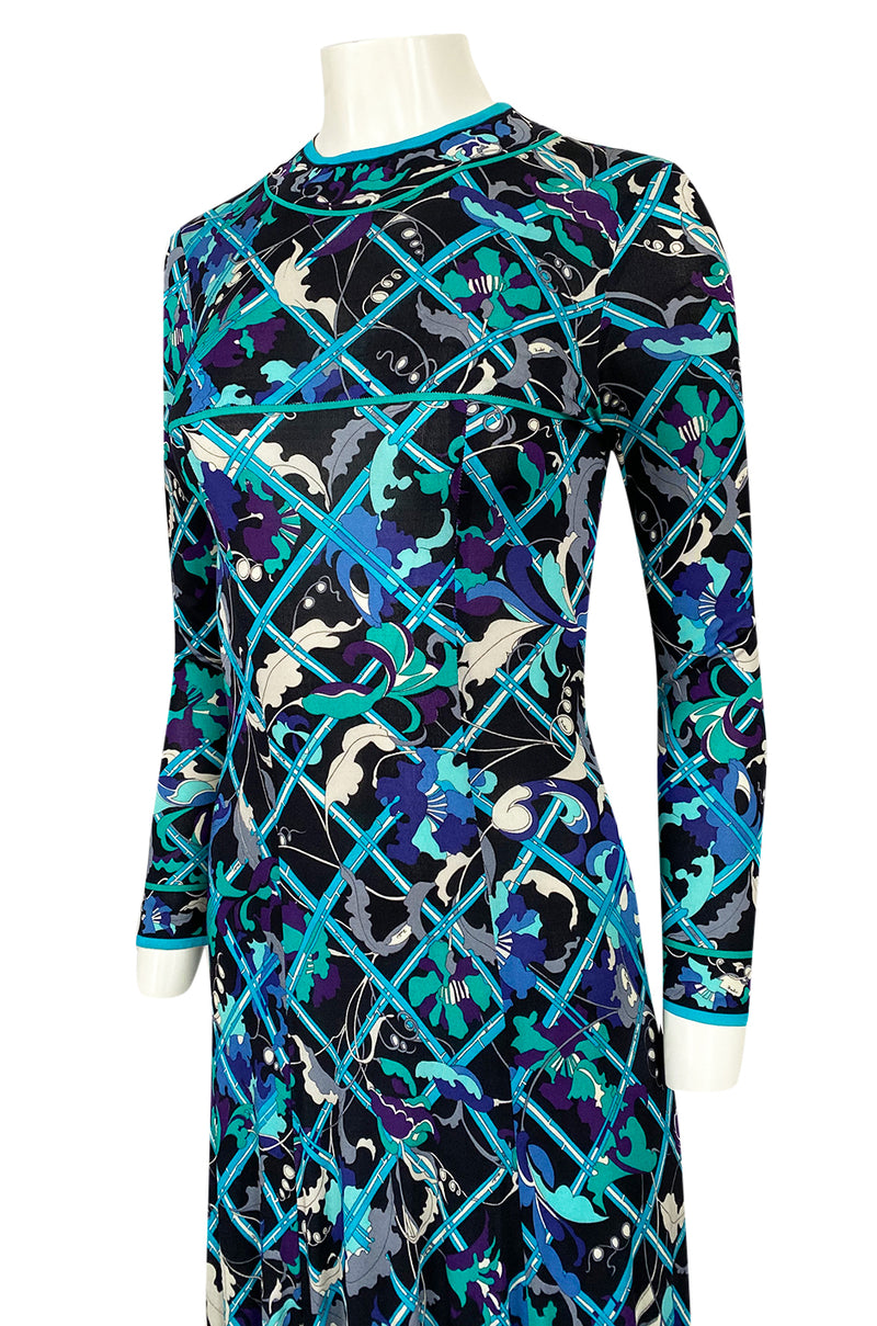 Gorgeous 1960s Emilio Pucci Blue Lattice Print Silk Jersey Maxi Dress