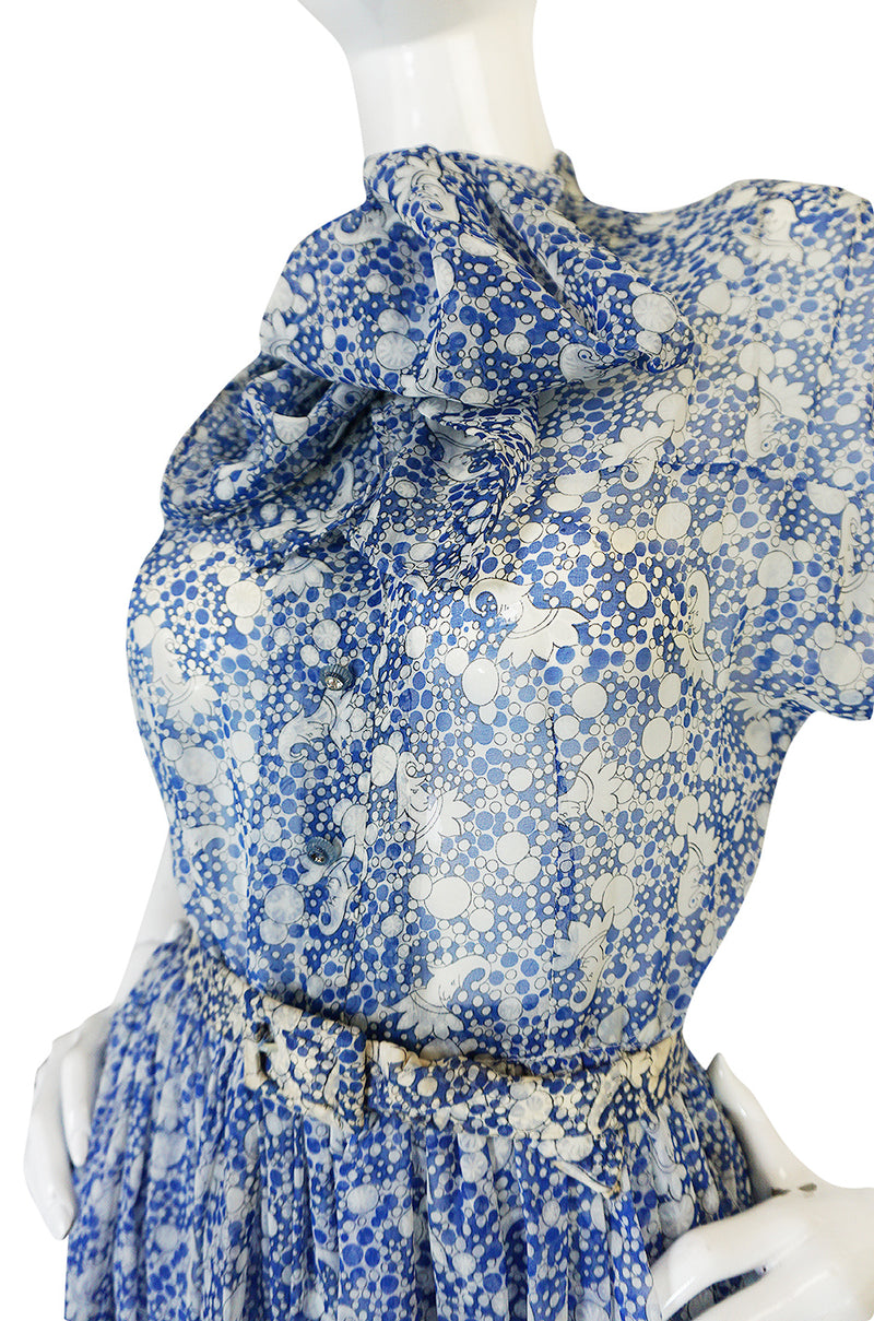 1940s Blue & White Chiffon Joker Print Novelty Dress