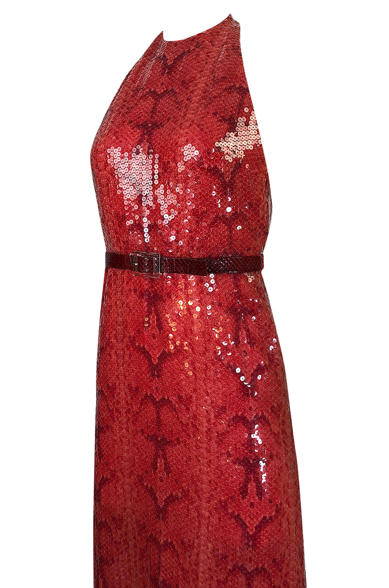 Documented 1974 Bill Blass Red Sequin Snakeskin Print Halter Dress