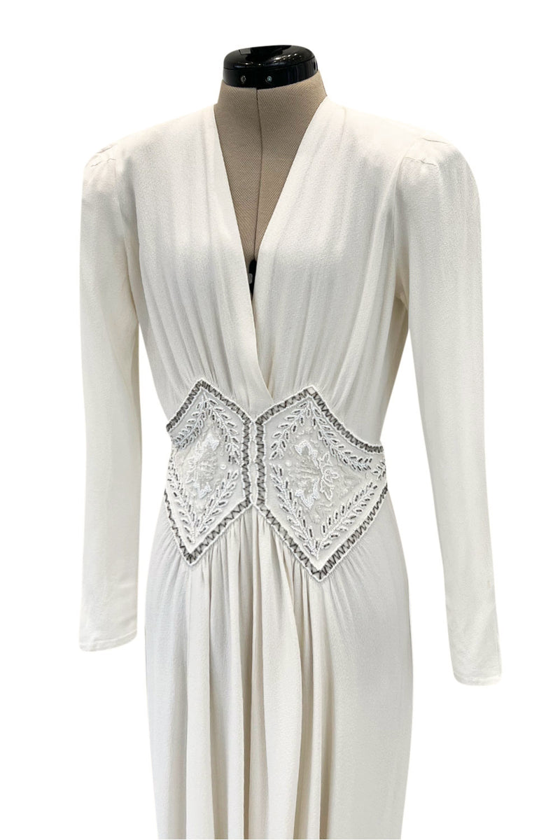 Gorgeous 1930s Off White Moss Crepe Dress w Hand Beaded 'Belt' Detailing
