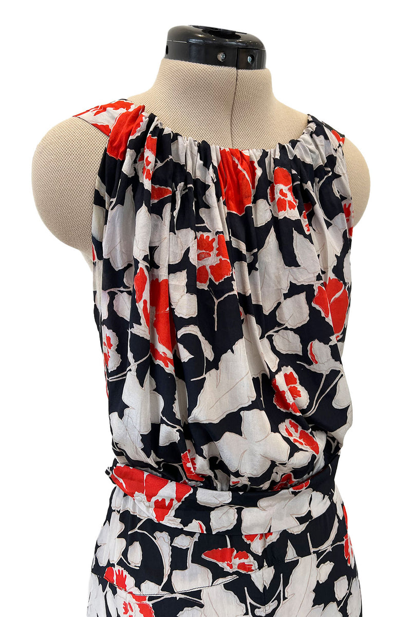 Stunning 1930s Coral, Black & Pale Grey Floral Silk Print Bias Cut Backless Dress