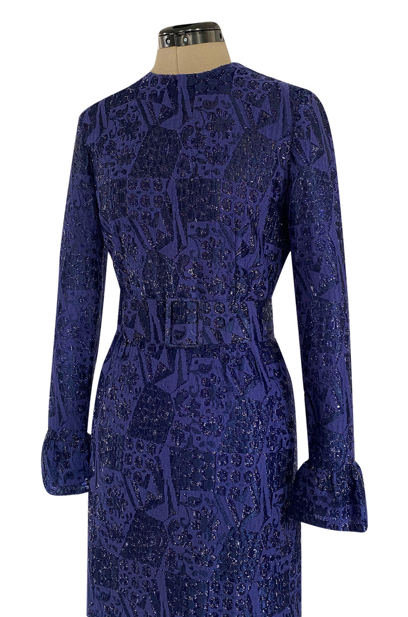 Extraordinary 1971 Givenchy Azure Blue Woven Silk & Metallic Thread Dress w Ruffled Cuffs & Hem