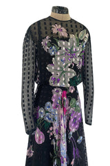 Beautiful 1970s Ted Lapidus Ribbon Weave Silk Chiffon Dress w Prettiest Floral Print