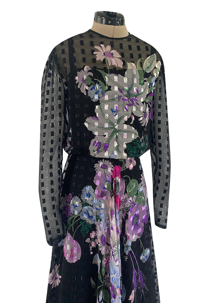 Beautiful 1970s Ted Lapidus Ribbon Weave Silk Chiffon Dress w Prettiest Floral Print