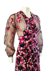 1930s Bright Pink Floral Hand Applique on Silk Dress w Net Sleeves