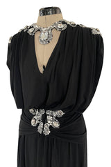 Incredible 1970s Loris Azzaro Black Silk Jersey Dress w Huge Attached Jewel Collar & Jewelled Belt