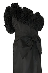 1980s Morton Myles Dramatic Ruffled and Bowed One Shoulder Dress