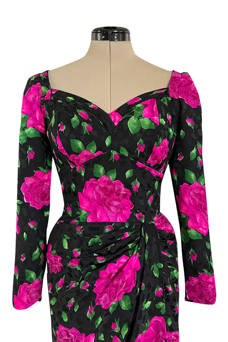 Prettiest 1980s Vicky Tiel Couture Hourglass Bright Pink Floral Print Silk Dress