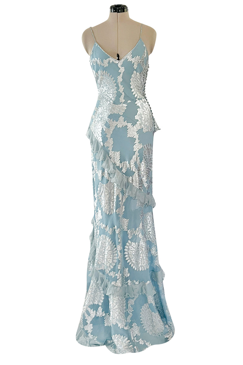 Iconic Fall 2004 John Galliano Bias Cut Blue Dress w Ruffles & Metallic Silver Detailing