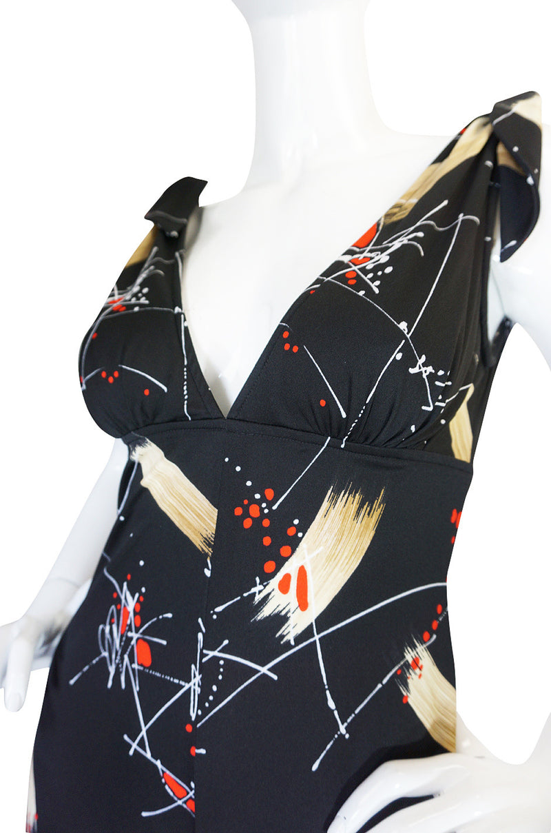 1970s Print Jersey Plunging Wide Leg Jumpsuit
