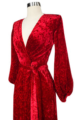 1985 Yves Saint Laurent Red Crushed Velvet Wrap Plunge Dress