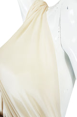 1980 Bill Tice Cream & Gold Backless Jersey Plunge Gown