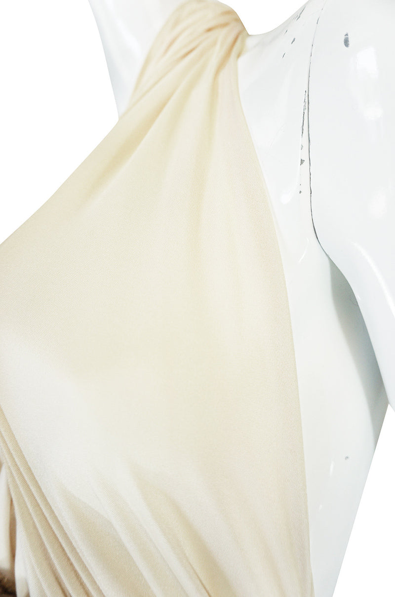 1980 Bill Tice Cream & Gold Backless Jersey Plunge Gown