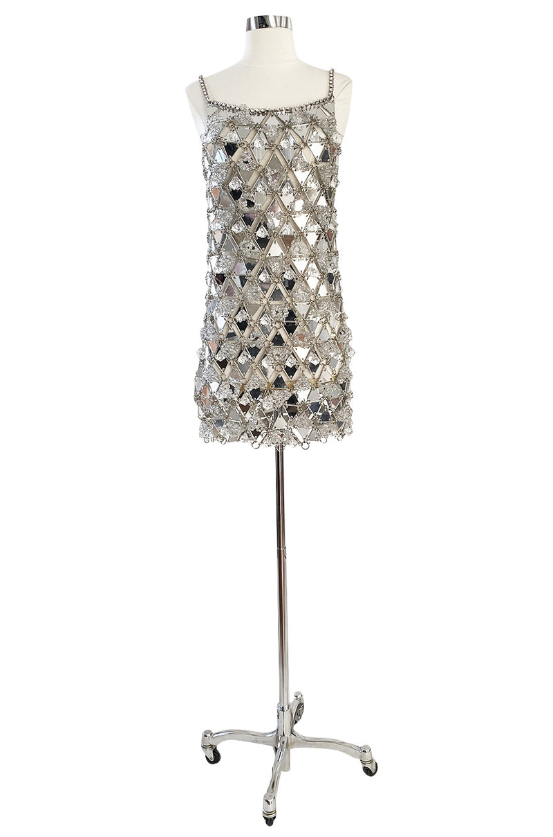 c.1967 Paco Rabanne Couture Mirrored Triangle, Metal, Rhinestone & Beaded Mini Dress w Matching Bag