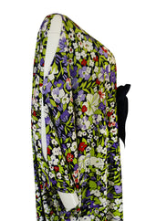 1970s Lanvin Floral Printed Fluid Jersey Ribbon Front Caftan Dress