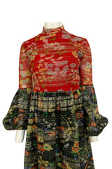 1960s Mollie Parnis Metallic Gold, Red & Black Floral Print Silk Dress