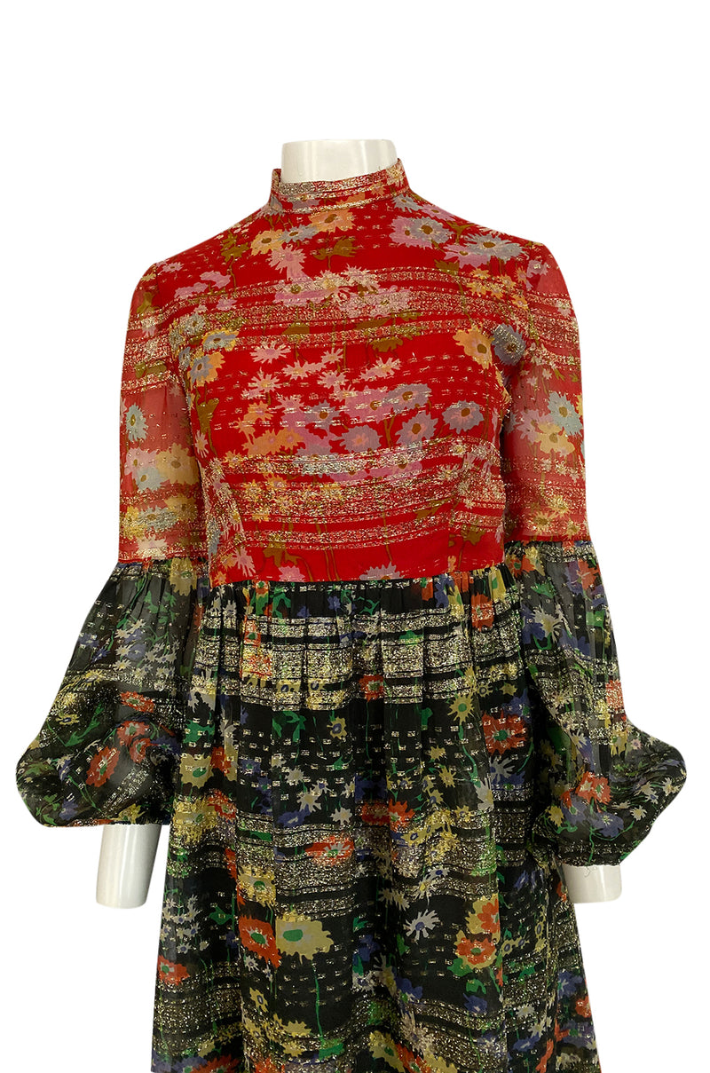 1960s Mollie Parnis Metallic Gold, Red & Black Floral Print Silk Dress