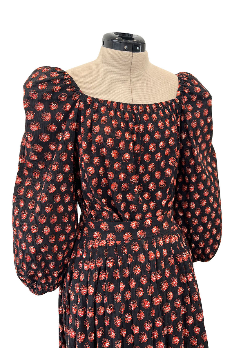 Incredible 1970s Givenchy Demi-Couture Pinecone Print Ruffle Skirt & Peaked Shoulder Top Set