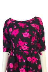 1950s Sylvan Rich for Martini Pink Floral Print on Black Silk Twill Dress