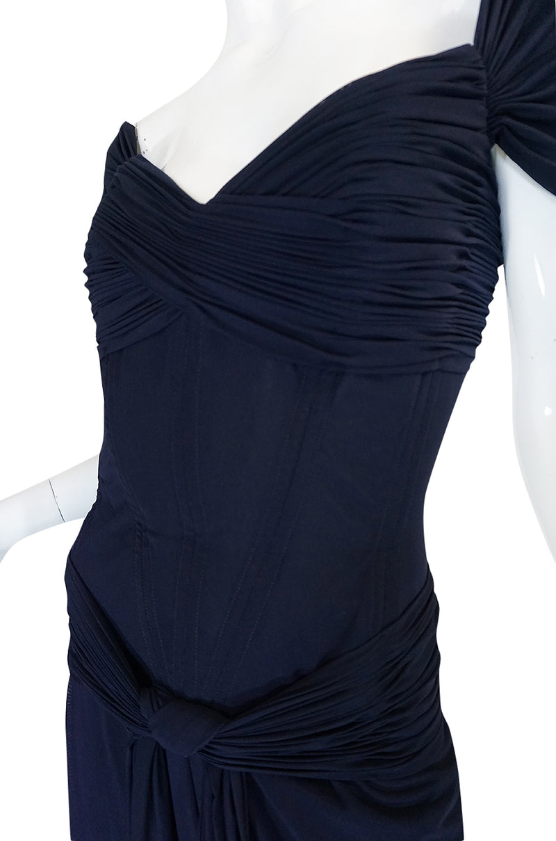 1980s Vicky Tiel Couture Fine Navy Net Draped Corset Dress