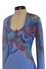 1970s Giorgio Sant Angelo Hand Painted Stretch Blue Net Bodysuit w Gold & Silver Accents