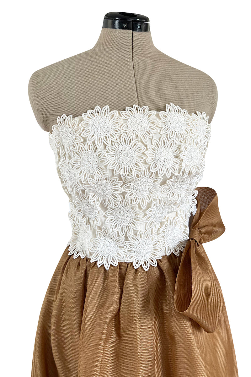 Prettiest 1994 Givenchy Couture Floral Crochet Bodice Dress w Gold Silk Skirting