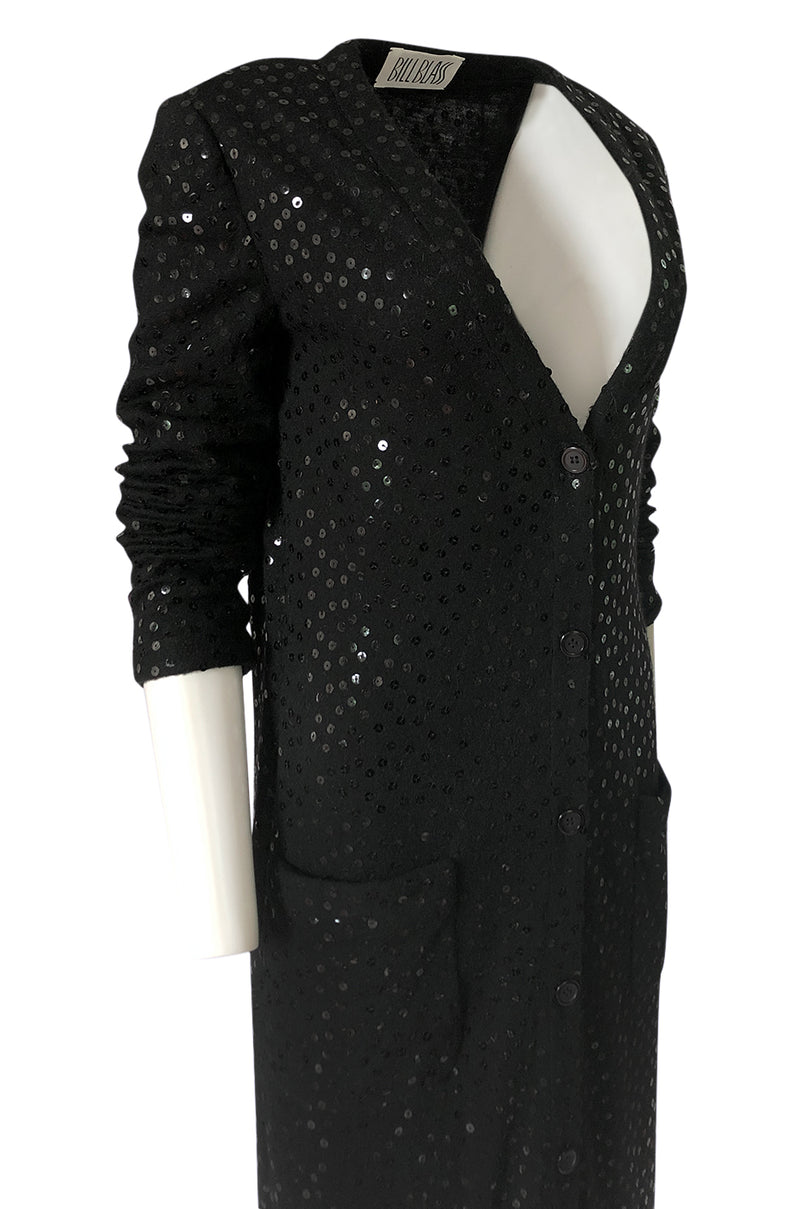 1970s Bill Blass Black Knit Wool Jersey & Silk Sequin Covered Cardigan Dress
